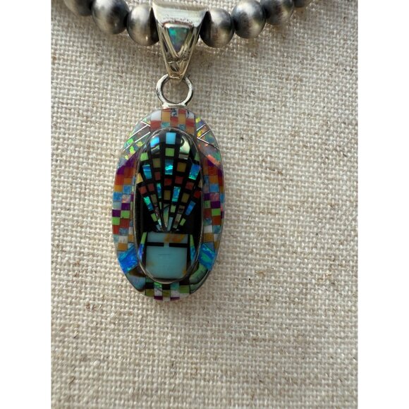Artisan Handcrafted Sterling Silver Opal Micro Inlay kachina STATEMENT Pendant - Picture 5 of 6